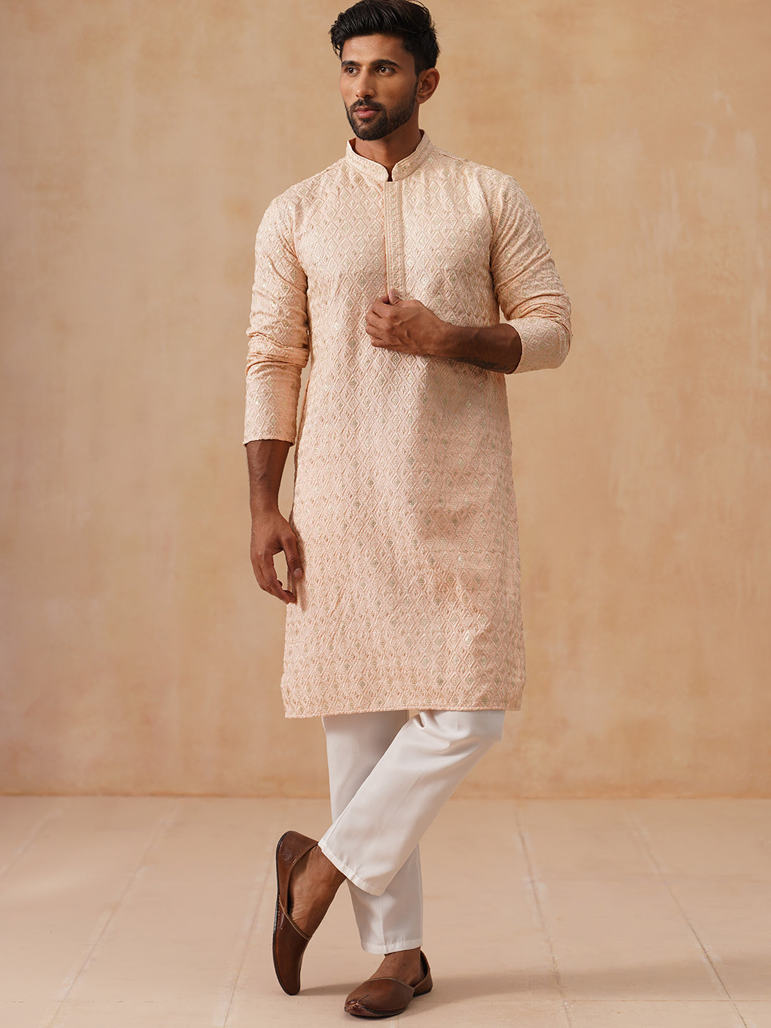 Men’s Festive Kurta Set with Intricate Embroidery ( JOKP P 5293 P 5293Peach ) [FF] [ I2 ]