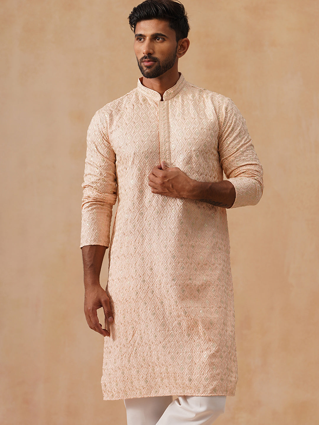 Men’s Festive Kurta with Intricate Embroidery ( KO 5293 Peach )
