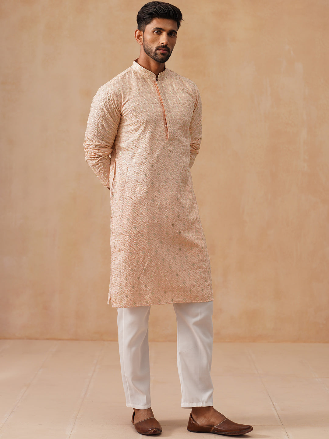Men’s Festive Kurta Set with Intricate Embroidery ( JOKP P 5293 P 5293Peach ) [FF] [ I2 ]