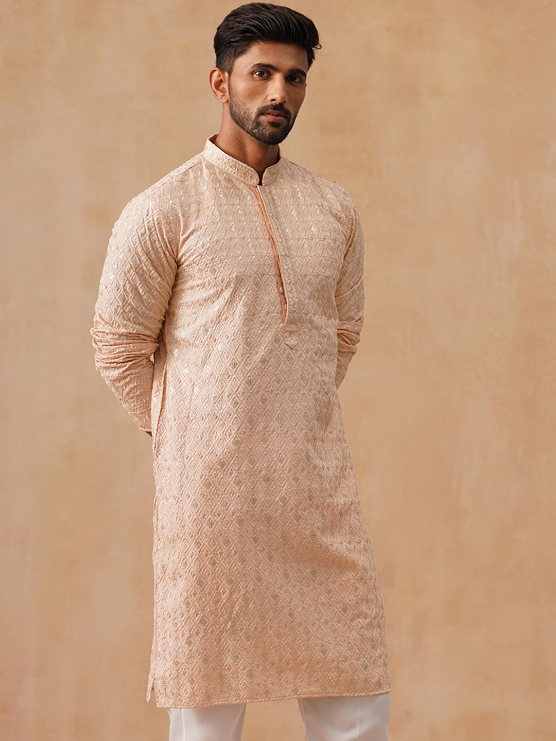 Men’s Festive Kurta with Intricate Embroidery ( KO 5293 Peach )