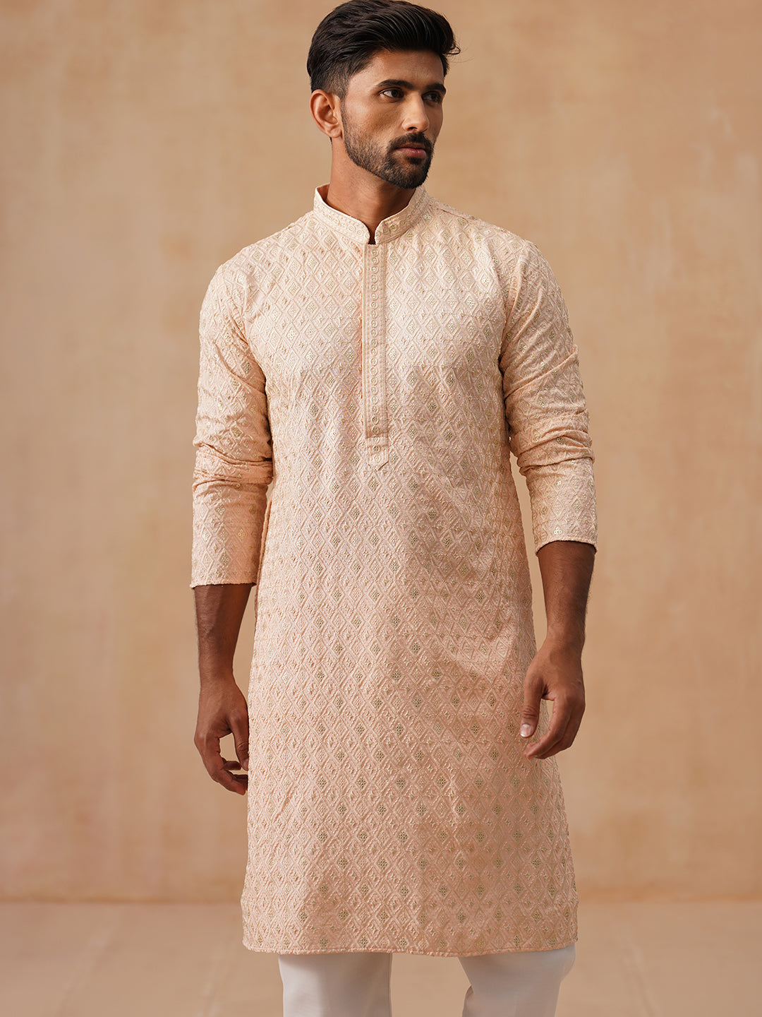 Men’s Festive Kurta with Intricate Embroidery ( KO 5293 Peach )