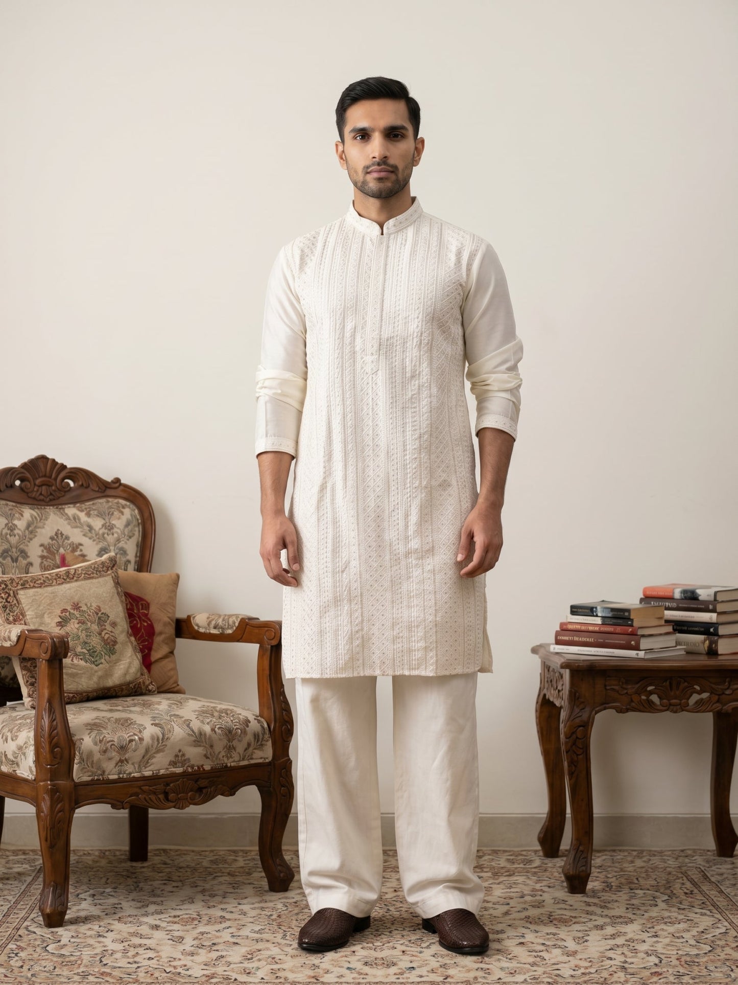 Embroidered Silk Blend Kurta with Korean Pants