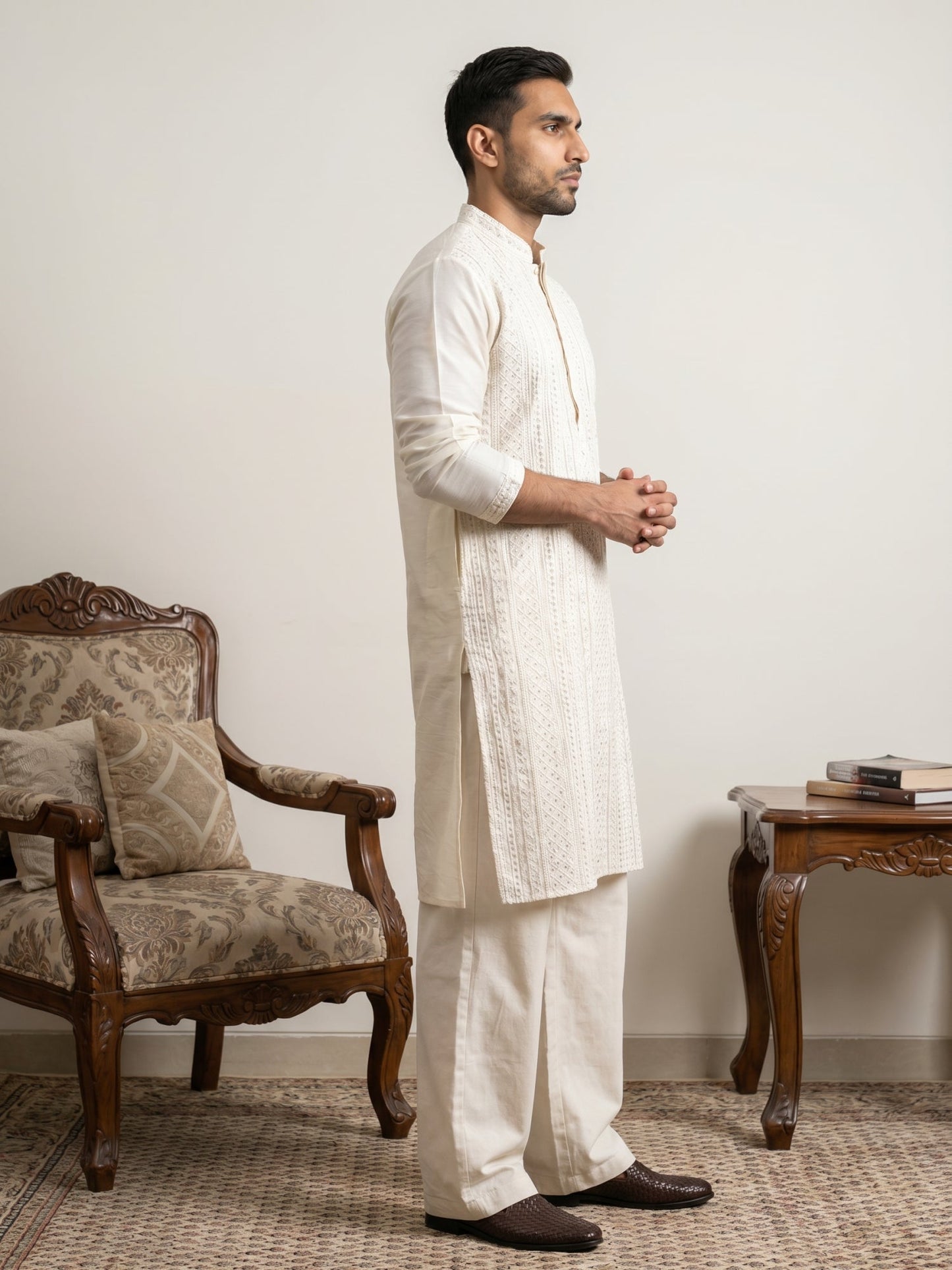 Embroidered Silk Blend Kurta with Korean Pants