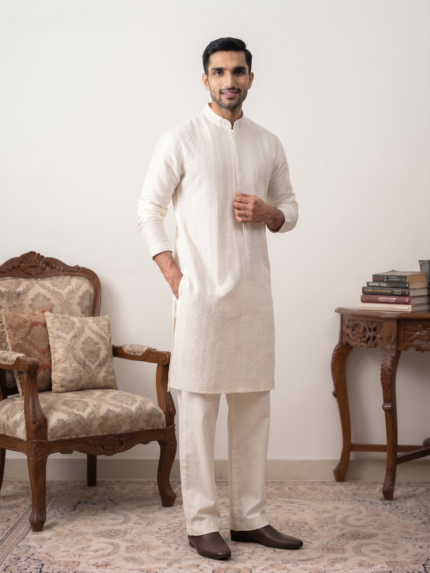 Embroidered Silk Blend Kurta with Korean Pants