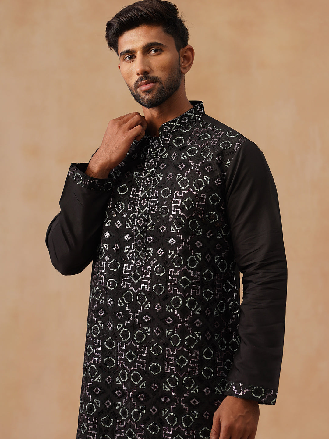Ethnic Kurta Pyjama Set in Luxurious Silk Blend (JOKP B-P 5295 Black )