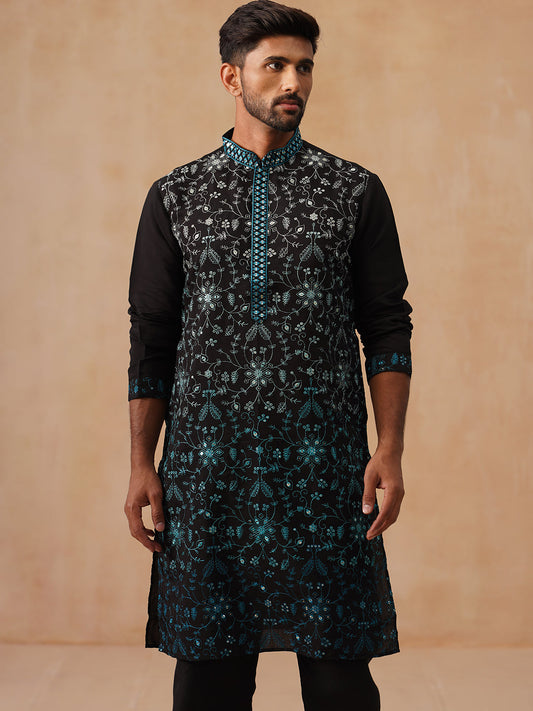 Men’s Silk Blend Embroidered Kurta Pyjama Set ( JOKP B-P 5296 B-P 5296Peacock )