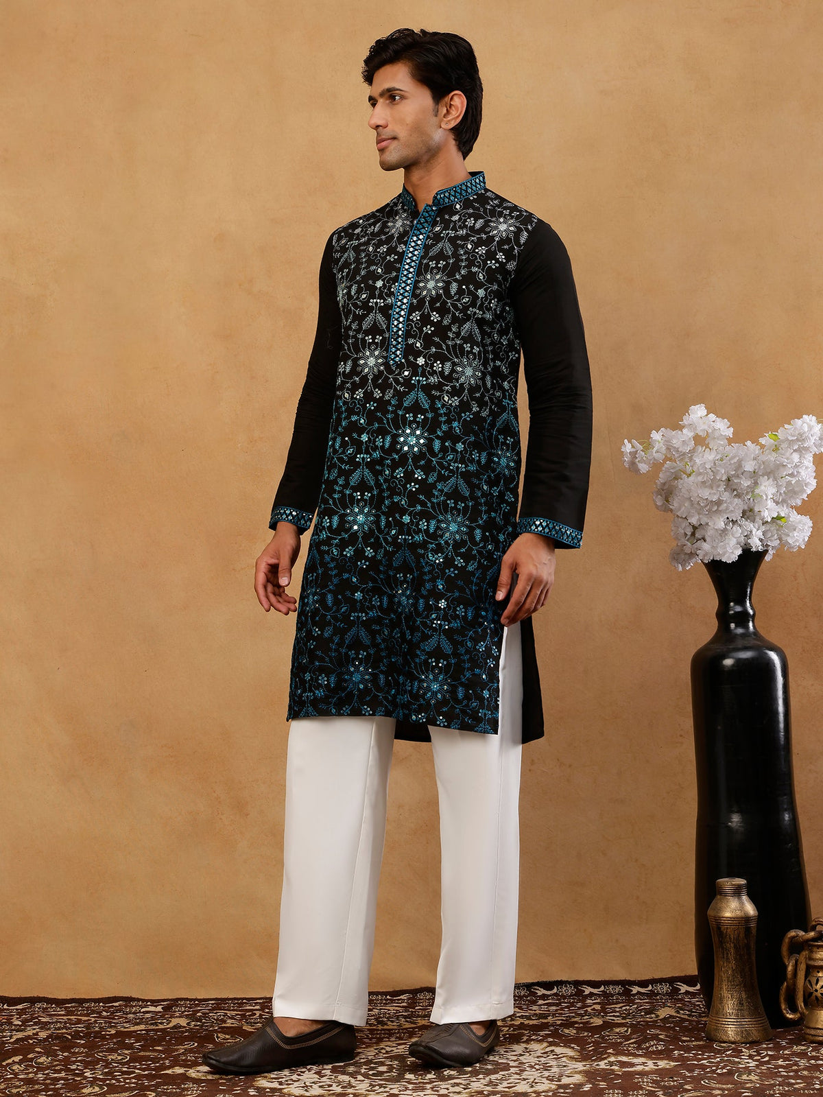 Men’s Silk Blend Embroidered Kurta with Korean Pants ( JOKP PJ11W S 5296 Peacock )