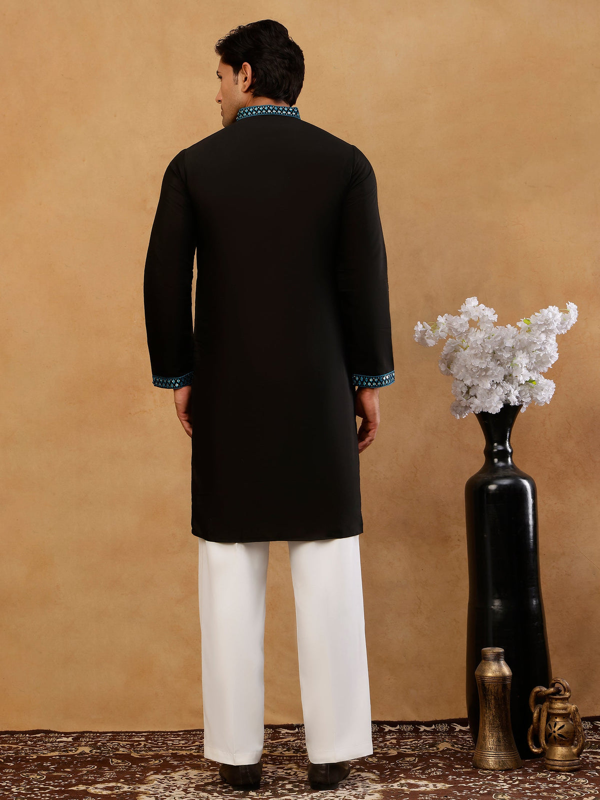 Men’s Silk Blend Embroidered Kurta with Korean Pants ( JOKP PJ11W S 5296 Peacock )