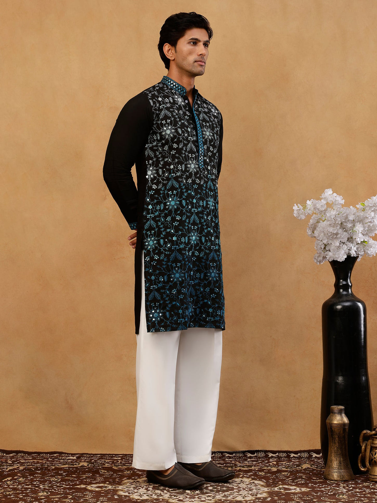 Men’s Silk Blend Embroidered Kurta with Korean Pants ( JOKP PJ11W S 5296 Peacock )