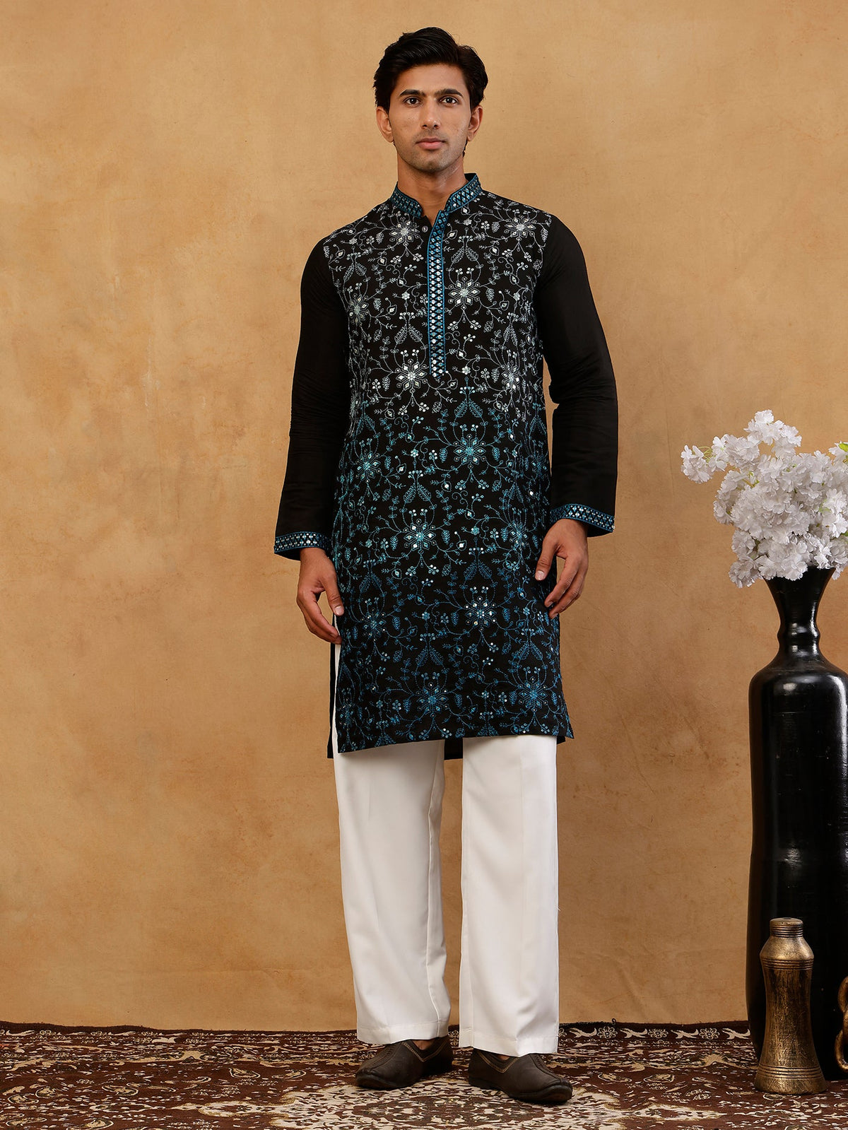 Men’s Silk Blend Embroidered Kurta with Korean Pants ( JOKP PJ11W S 5296 Peacock )