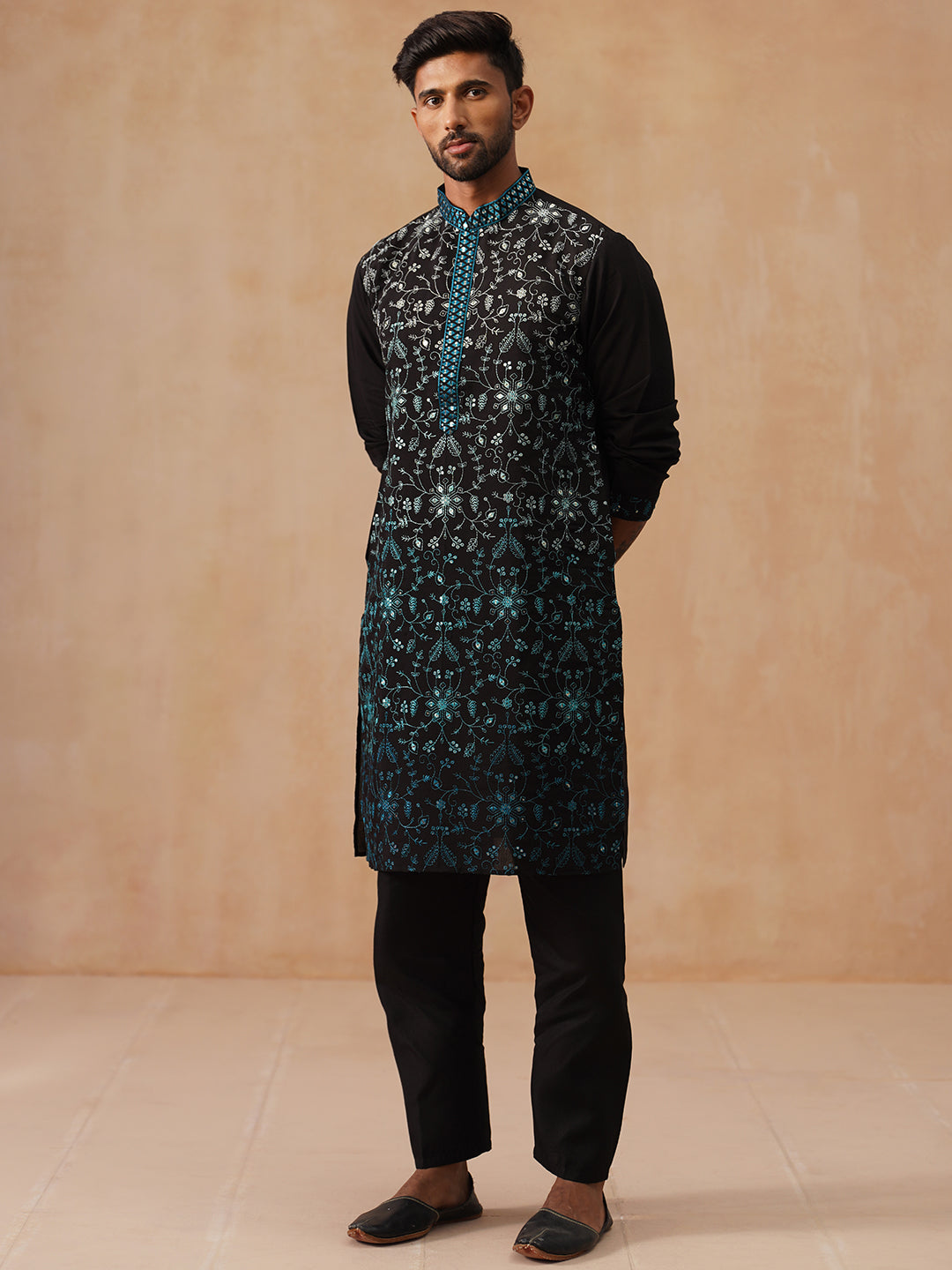 Men’s Silk Blend Embroidered Kurta Pyjama Set ( JOKP B-P 5296 B-P 5296Peacock )