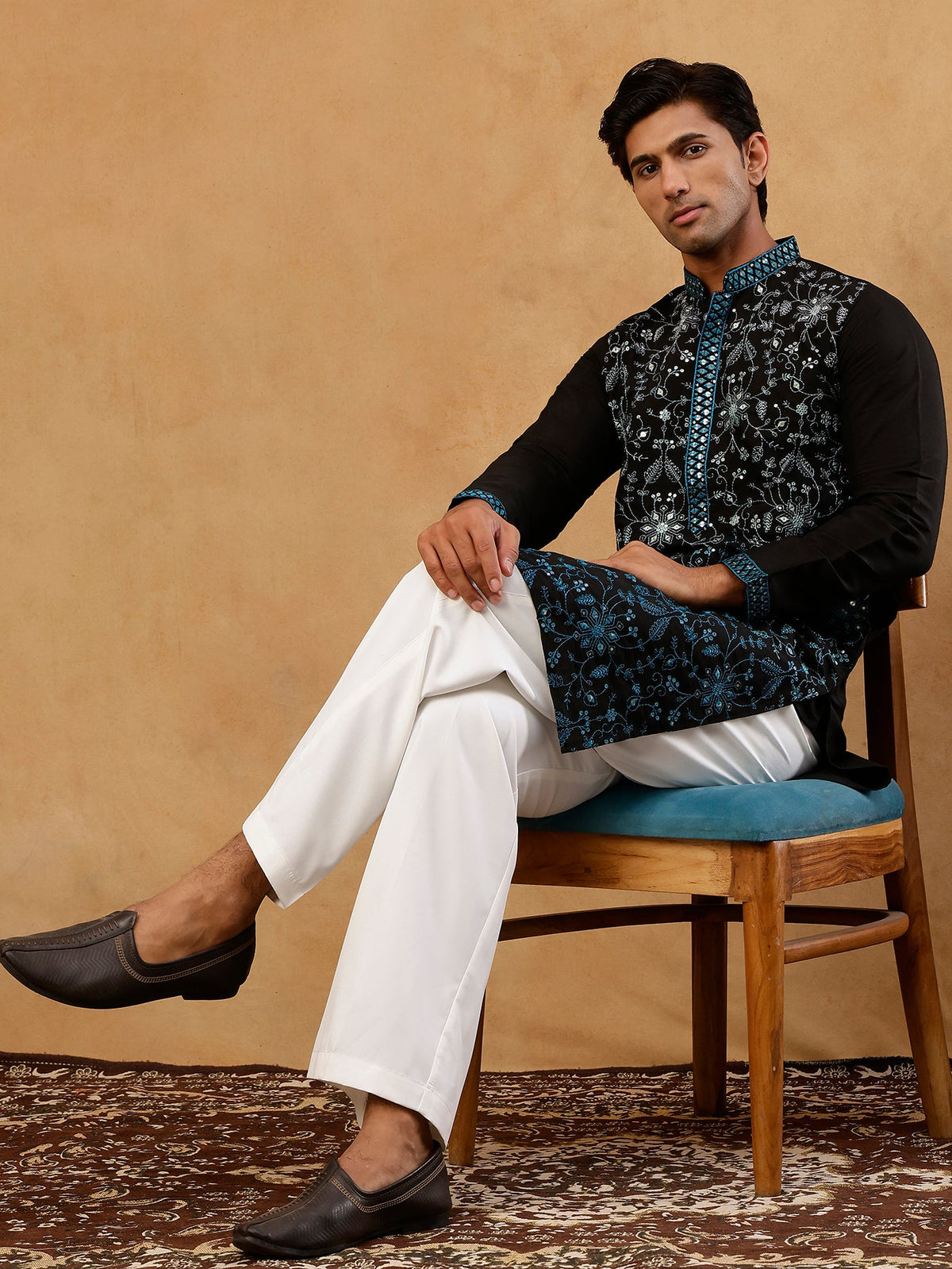 Men’s Silk Blend Embroidered Kurta with Korean Pants ( JOKP PJ11W S 5296 Peacock )