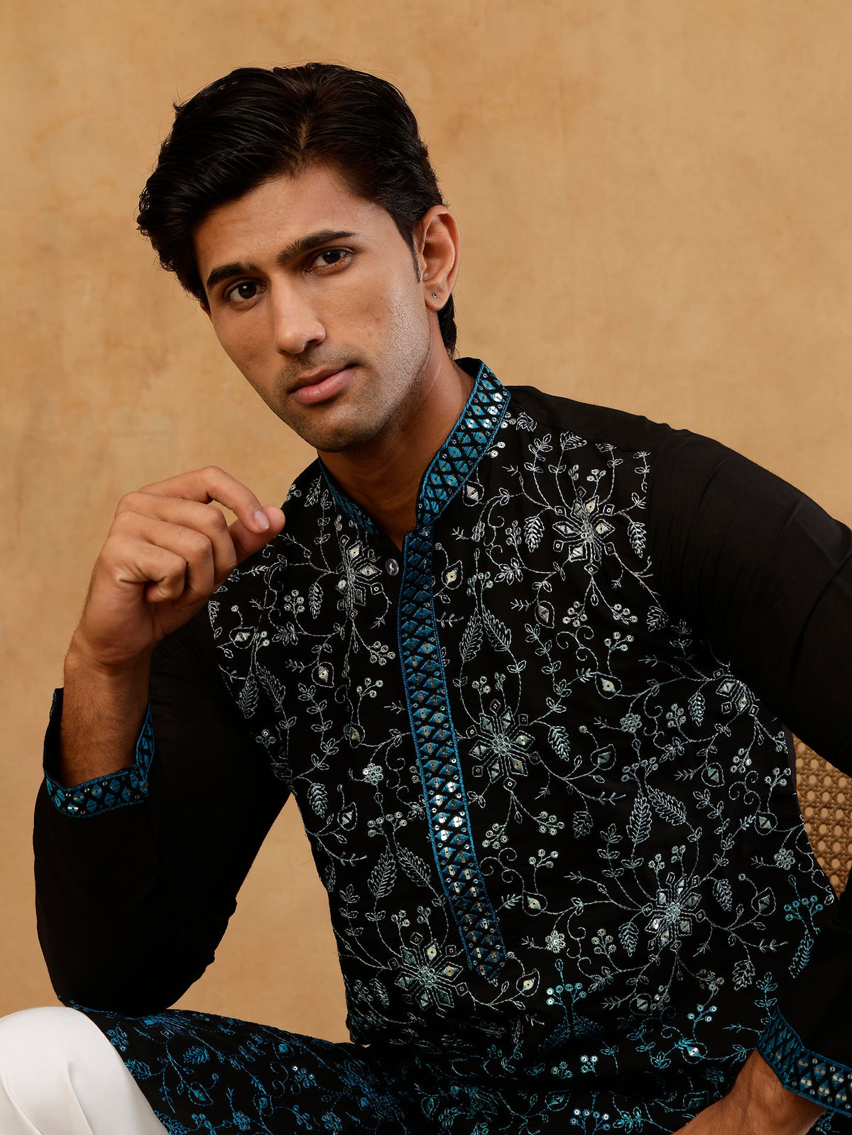 Men’s Silk Blend Embroidered Kurta with Korean Pants ( JOKP PJ11W S 5296 Peacock )