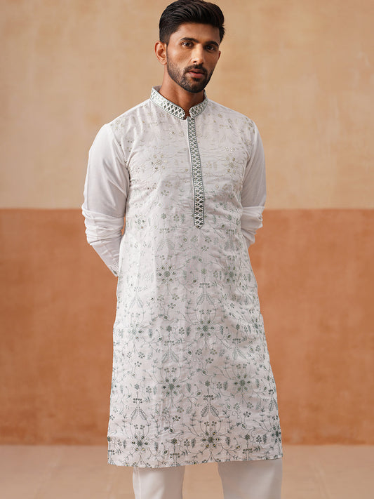 Men’s Silk Blend Embroidered Kurta Pyjama Set (JOKP P 5296 White )