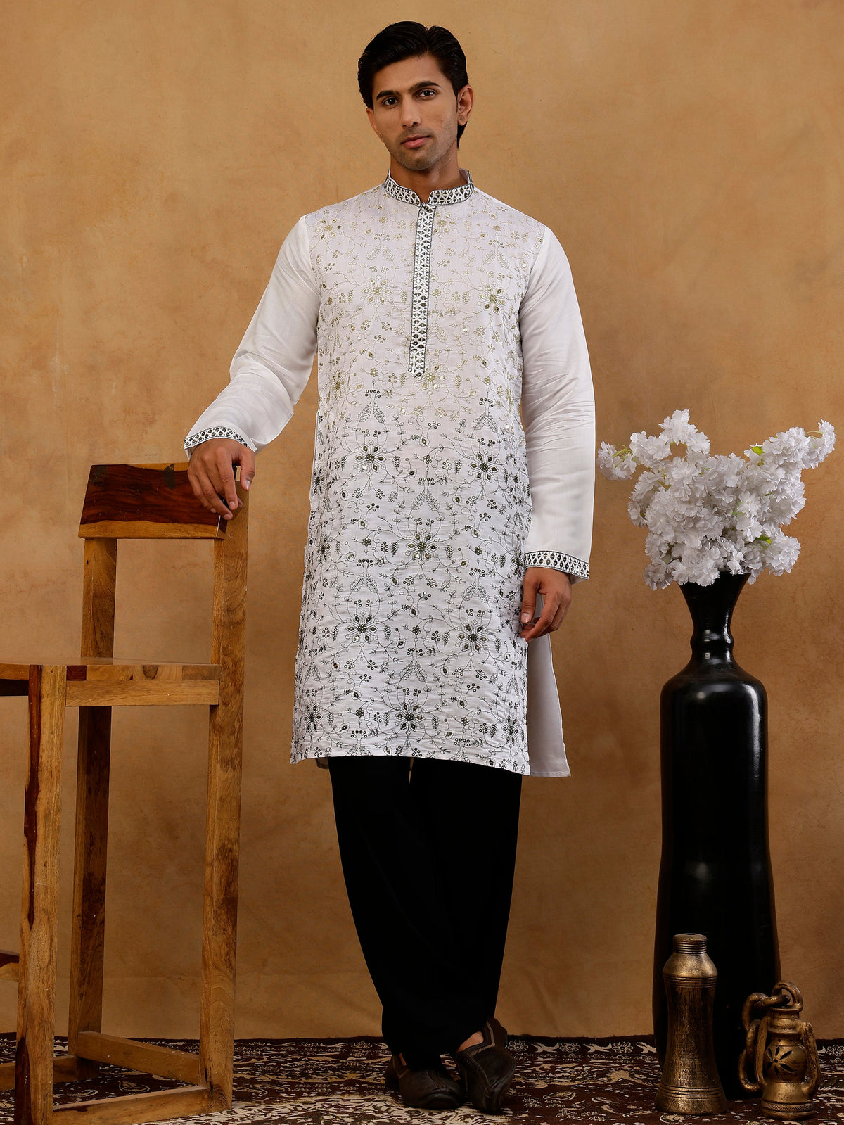 Men’s Silk Blend Embroidered Kurta with Korean Pants ( JOKP PJ11B S 5296 White )