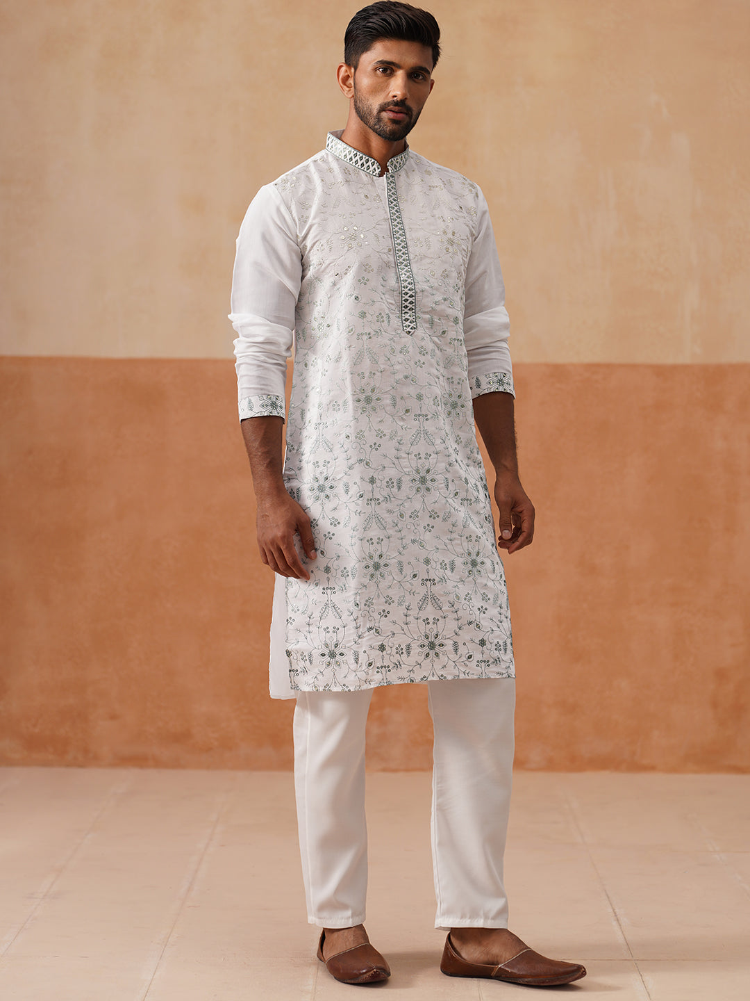 Men’s Silk Blend Embroidered Kurta Pyjama Set (JOKP P 5296 White )