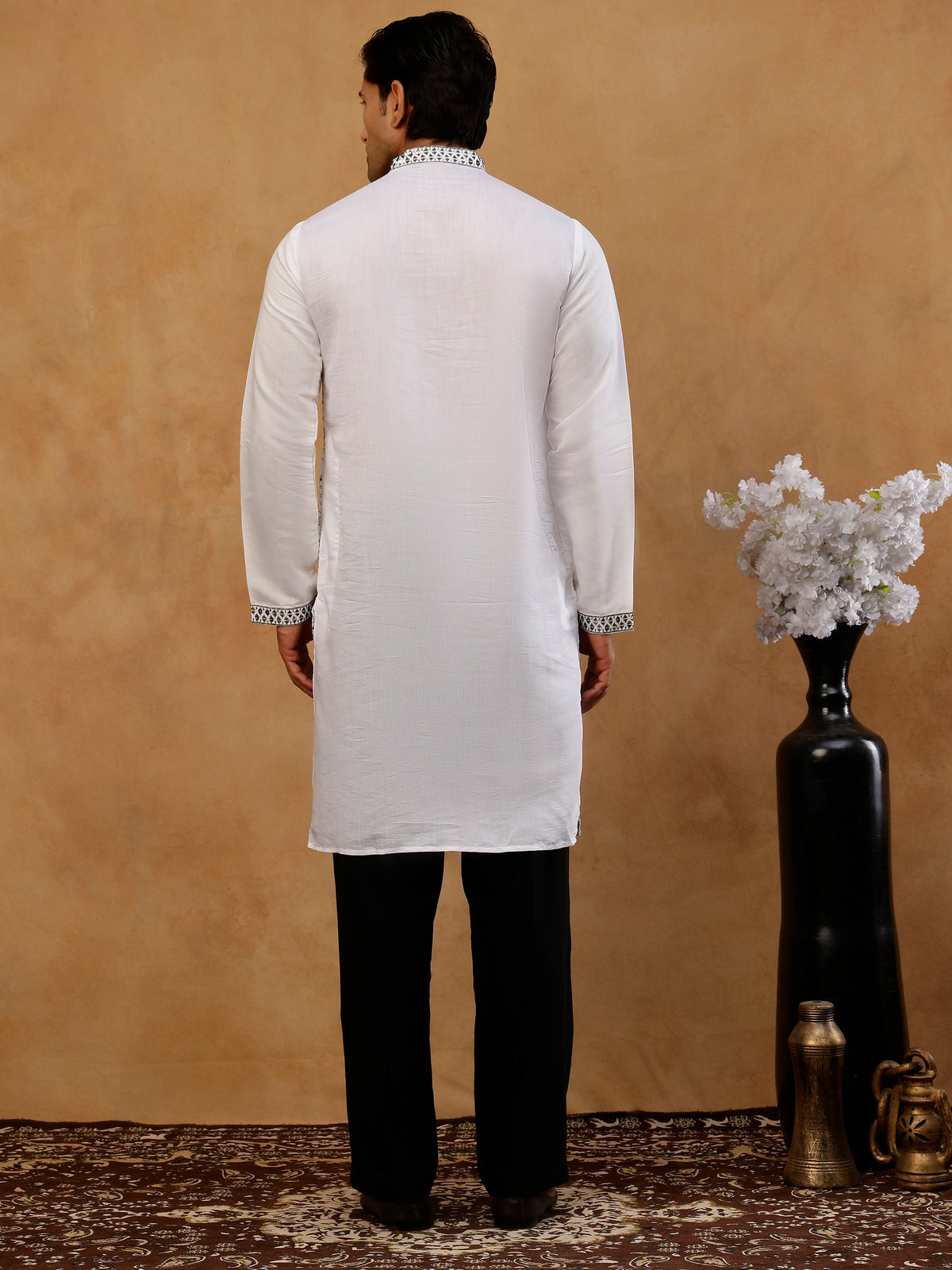 Men’s Silk Blend Embroidered Kurta with Korean Pants ( JOKP PJ11B S 5296 White )