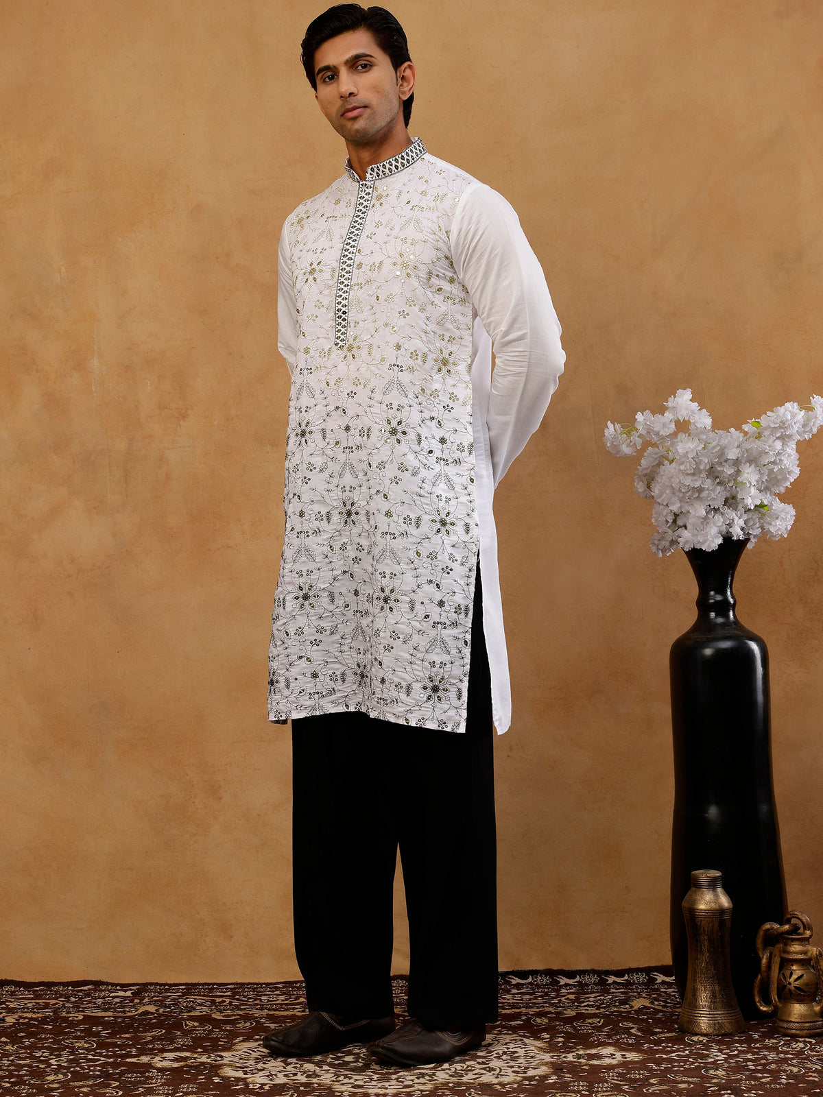 Men’s Silk Blend Embroidered Kurta with Korean Pants ( JOKP PJ11B S 5296 White )