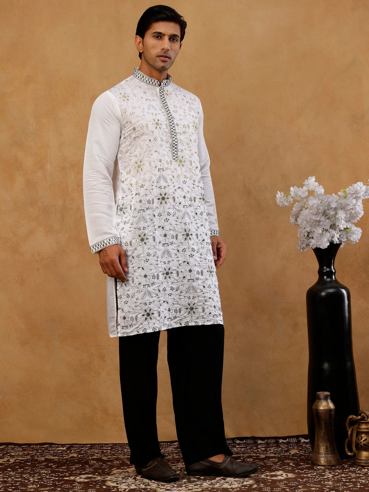 Men’s Silk Blend Embroidered Kurta with Korean Pants ( JOKP PJ11B S 5296 White )