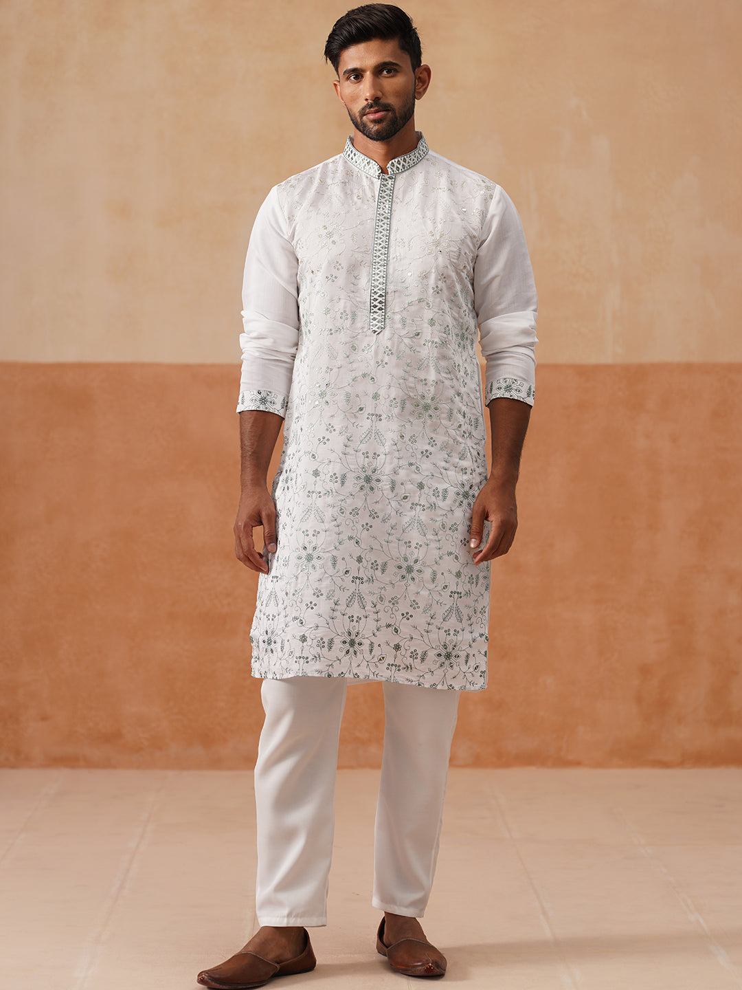 Men’s Silk Blend Embroidered Kurta Pyjama Set (JOKP P 5296 White )