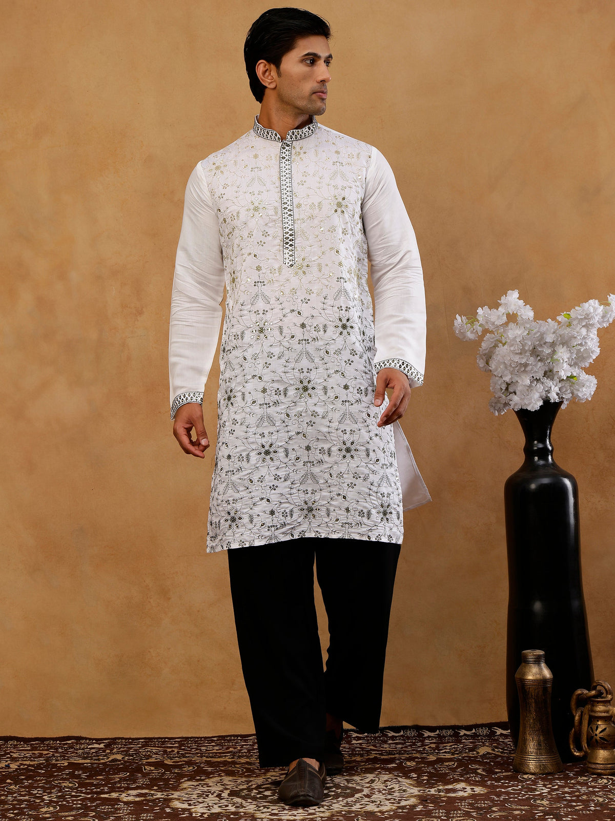 Men’s Silk Blend Embroidered Kurta with Korean Pants ( JOKP PJ11B S 5296 White )