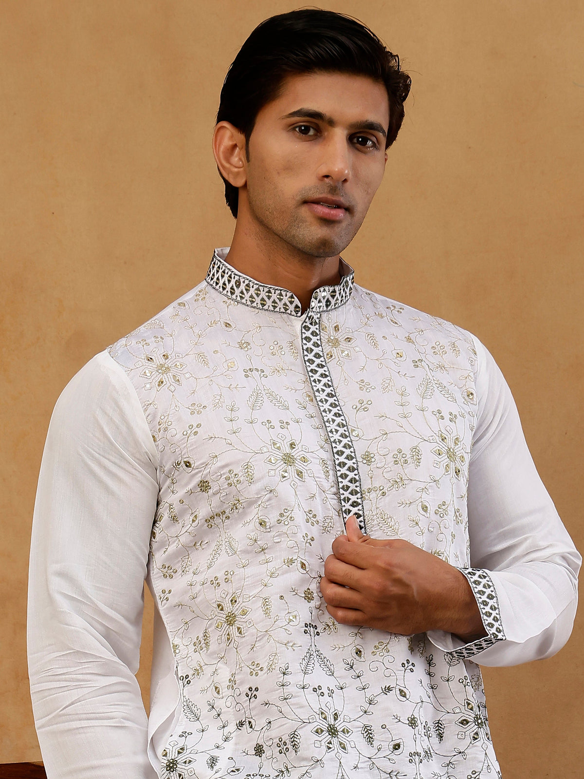 Men’s Silk Blend Embroidered Kurta with Korean Pants ( JOKP PJ11B S 5296 White )