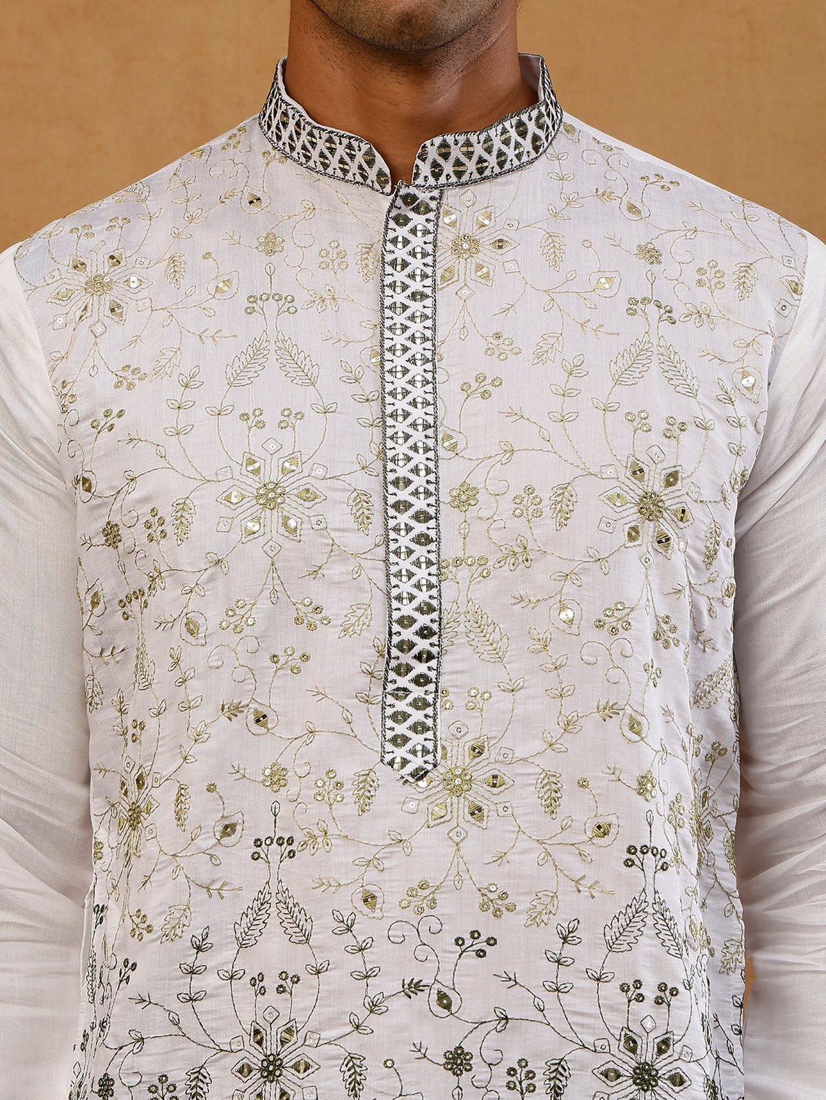 Men’s Silk Blend Embroidered Kurta with Korean Pants ( JOKP PJ11B S 5296 White )
