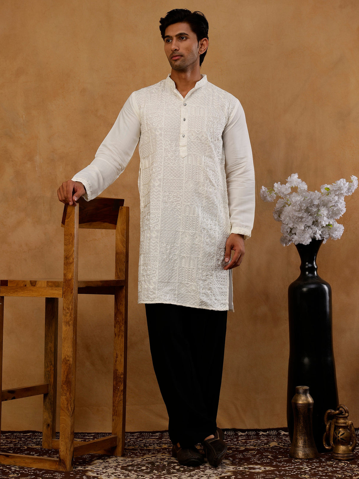 Men’s Silk Blend Embroidered Kurta with Korean Pants ( JOKP PJ11B S 5297 White )
