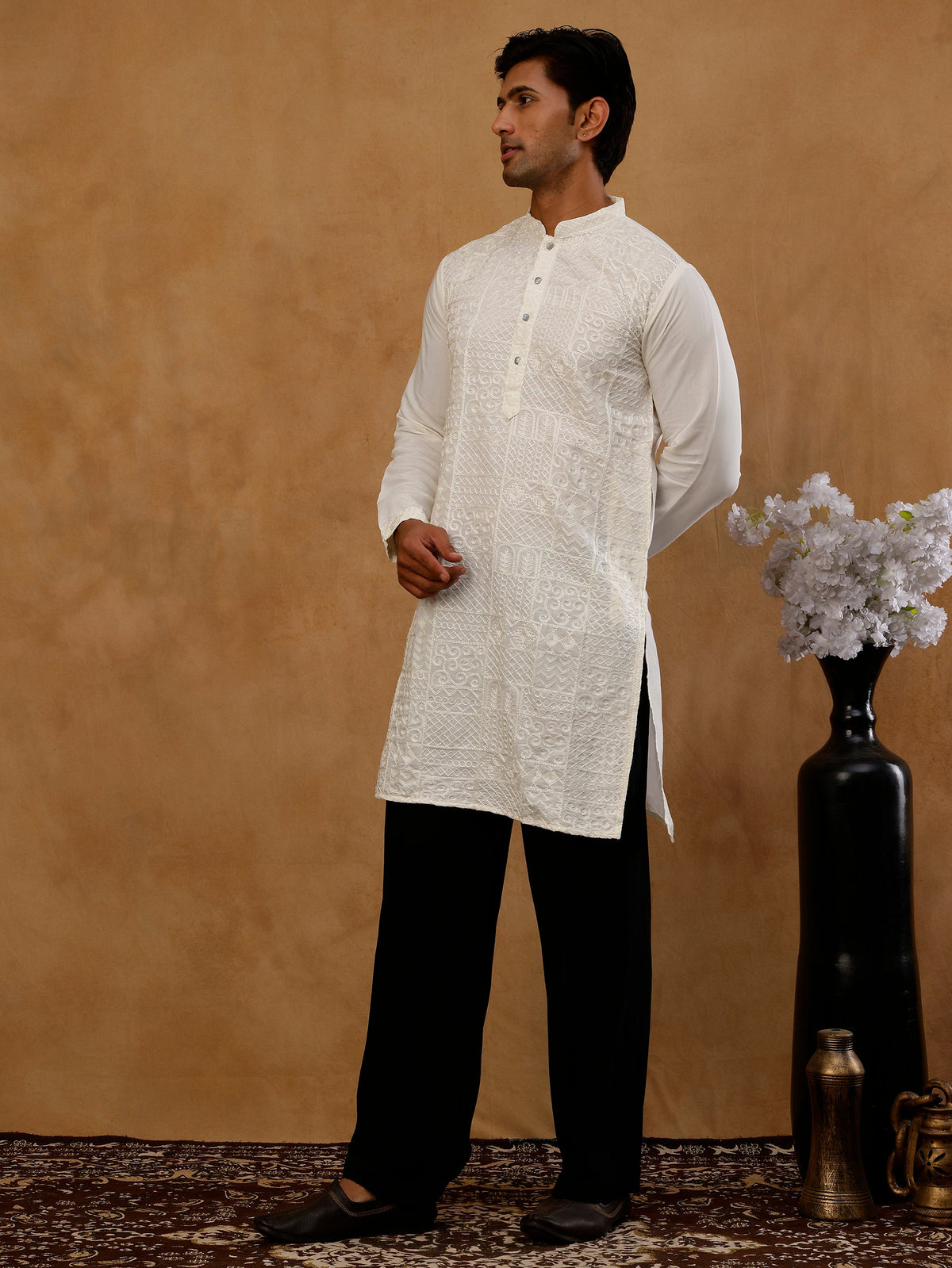 Men’s Silk Blend Embroidered Kurta with Korean Pants ( JOKP PJ11B S 5297 White )