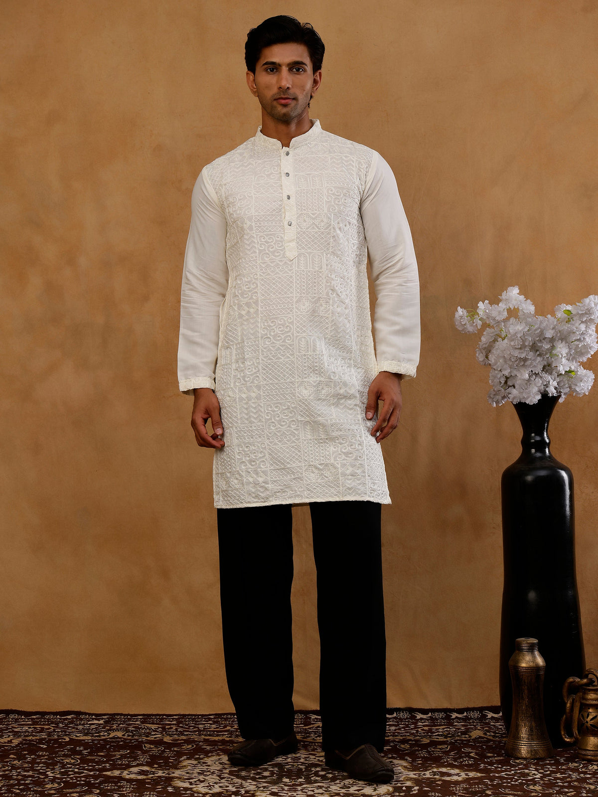 Men’s Silk Blend Embroidered Kurta with Korean Pants ( JOKP PJ11B S 5297 White )