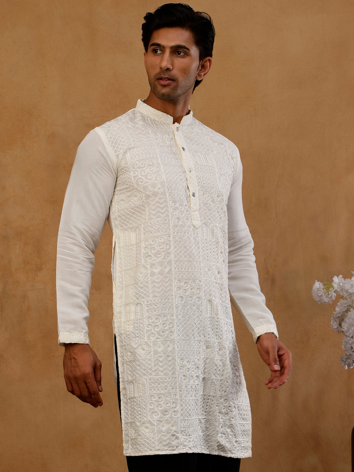 Men’s Silk Blend Embroidered Kurta with Korean Pants ( JOKP PJ11B S 5297 White )