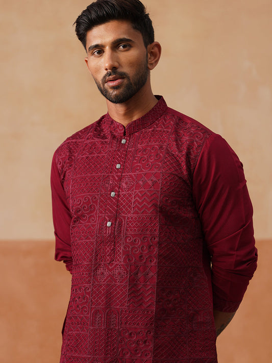 Men's Silk Blend Embroidered Kurta Pyjama Set ( JOKP P 5297 P 5297Wine ) [FF] [A-15-16]