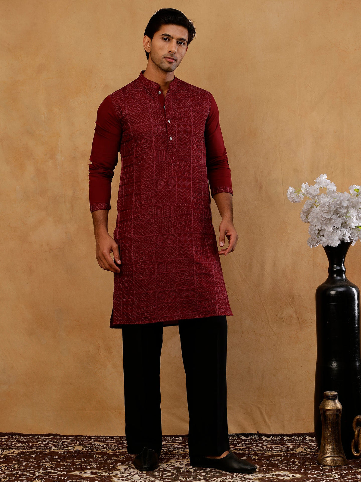 Men’s Silk Blend Embroidered Kurta with Korean Pants ( JOKP PJ11B S 5297 Wine )