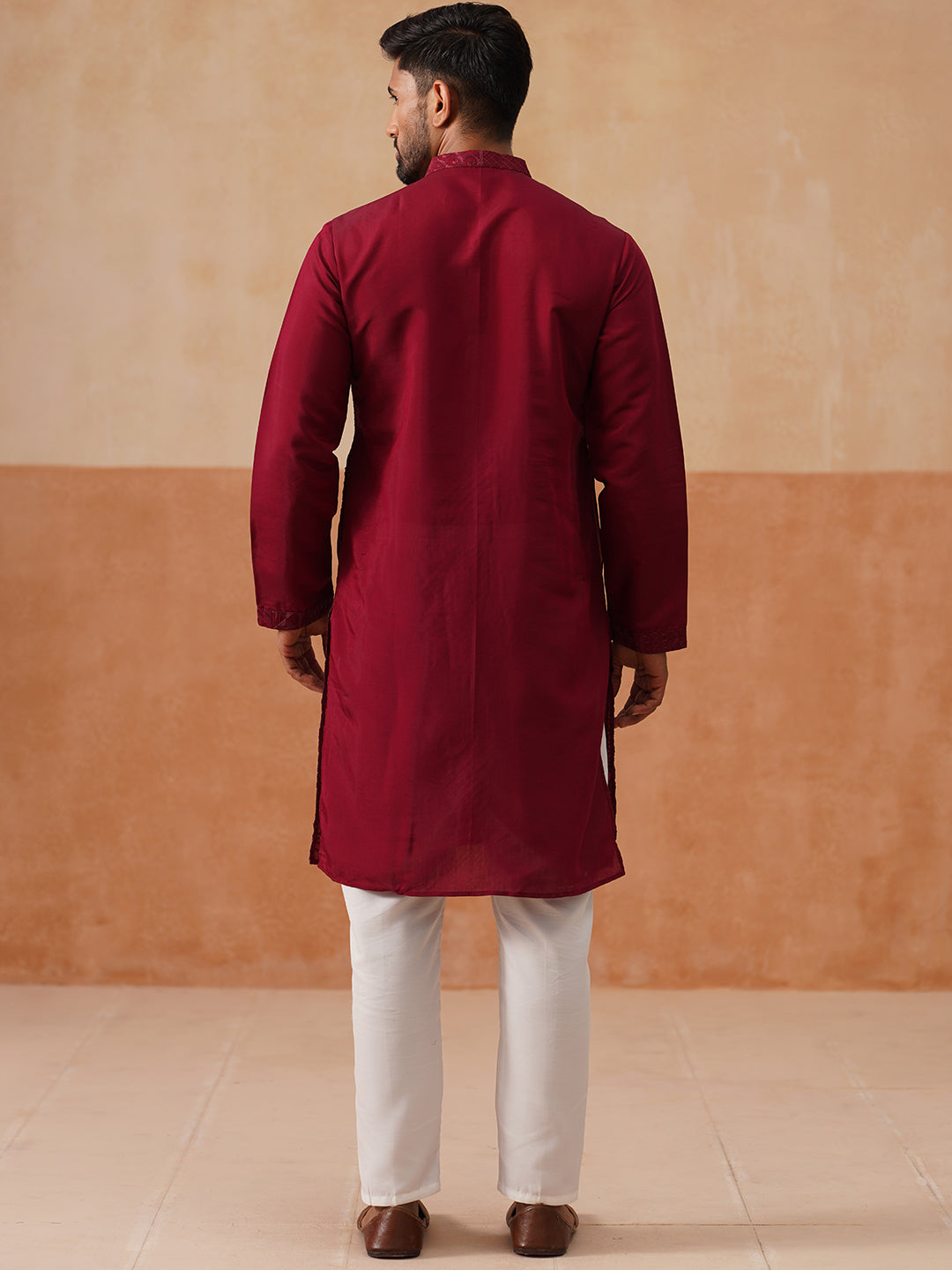Men's Silk Blend Embroidered Kurta Pyjama Set ( JOKP P 5297 P 5297Wine ) [FF] [A-15-16]