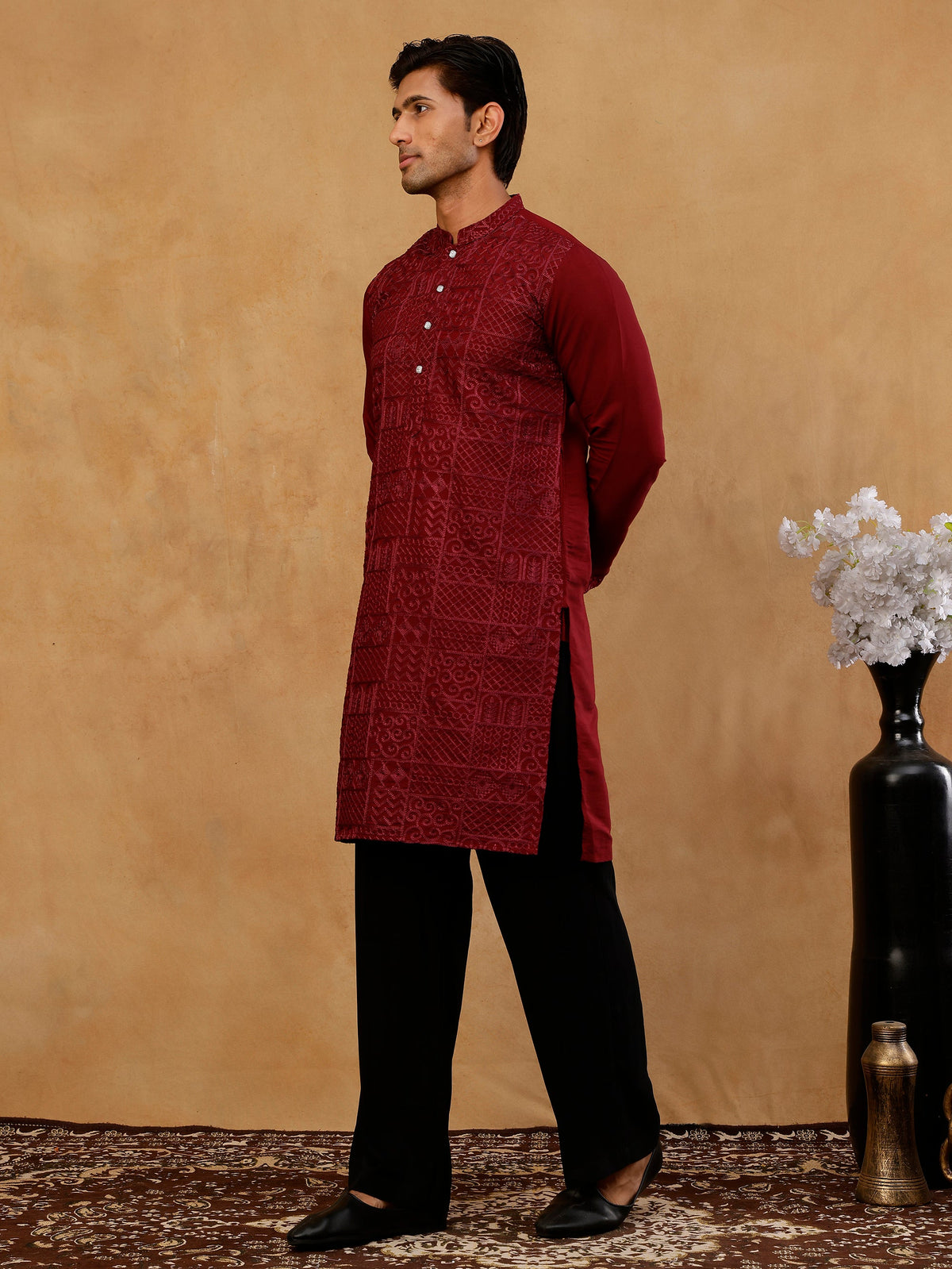 Men’s Silk Blend Embroidered Kurta with Korean Pants ( JOKP PJ11B S 5297 Wine )