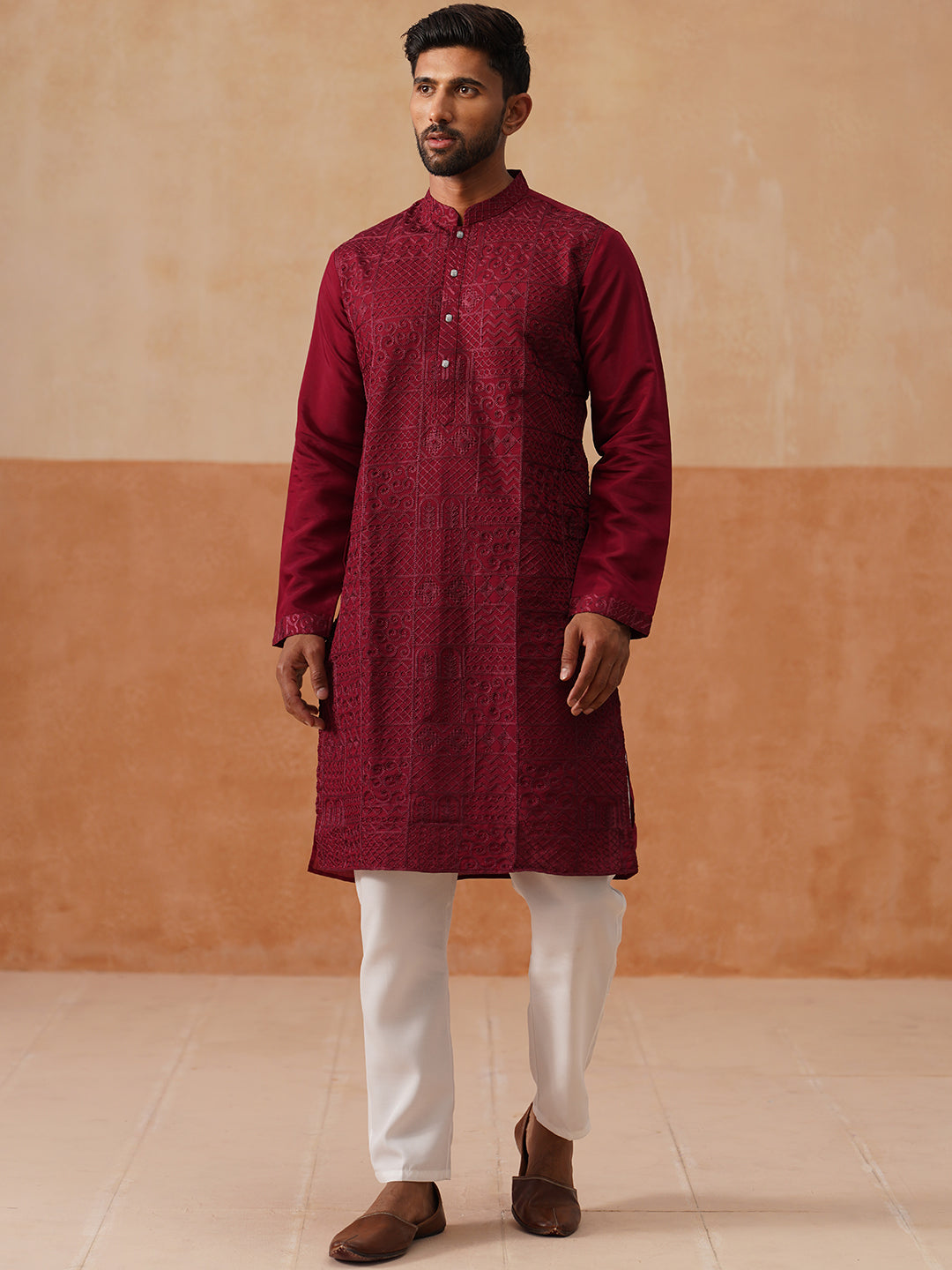 Men's Silk Blend Embroidered Kurta Pyjama Set ( JOKP P 5297 P 5297Wine ) [FF] [A-15-16]