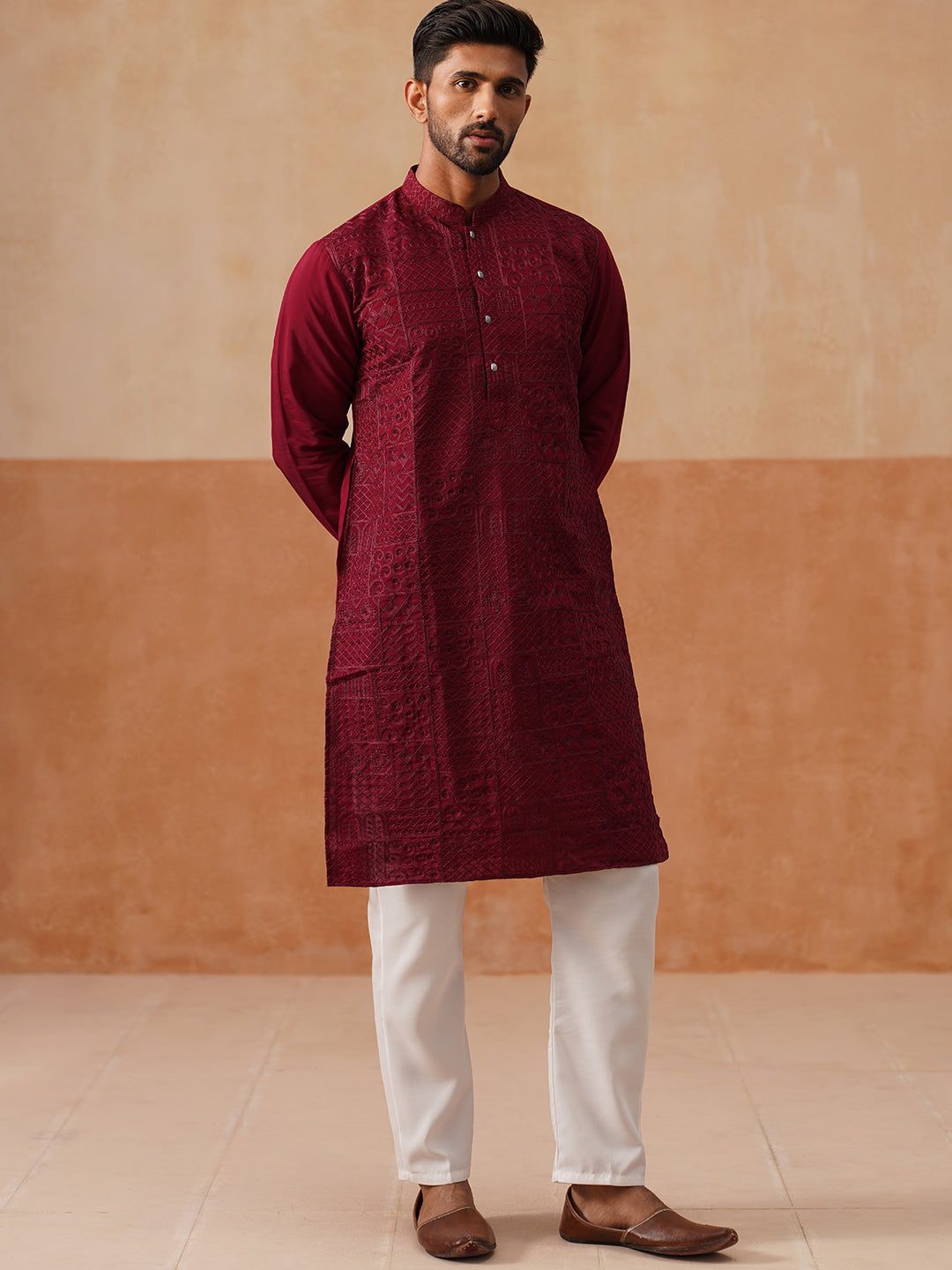 Men's Silk Blend Embroidered Kurta Pyjama Set ( JOKP P 5297 P 5297Wine ) [FF] [A-15-16]