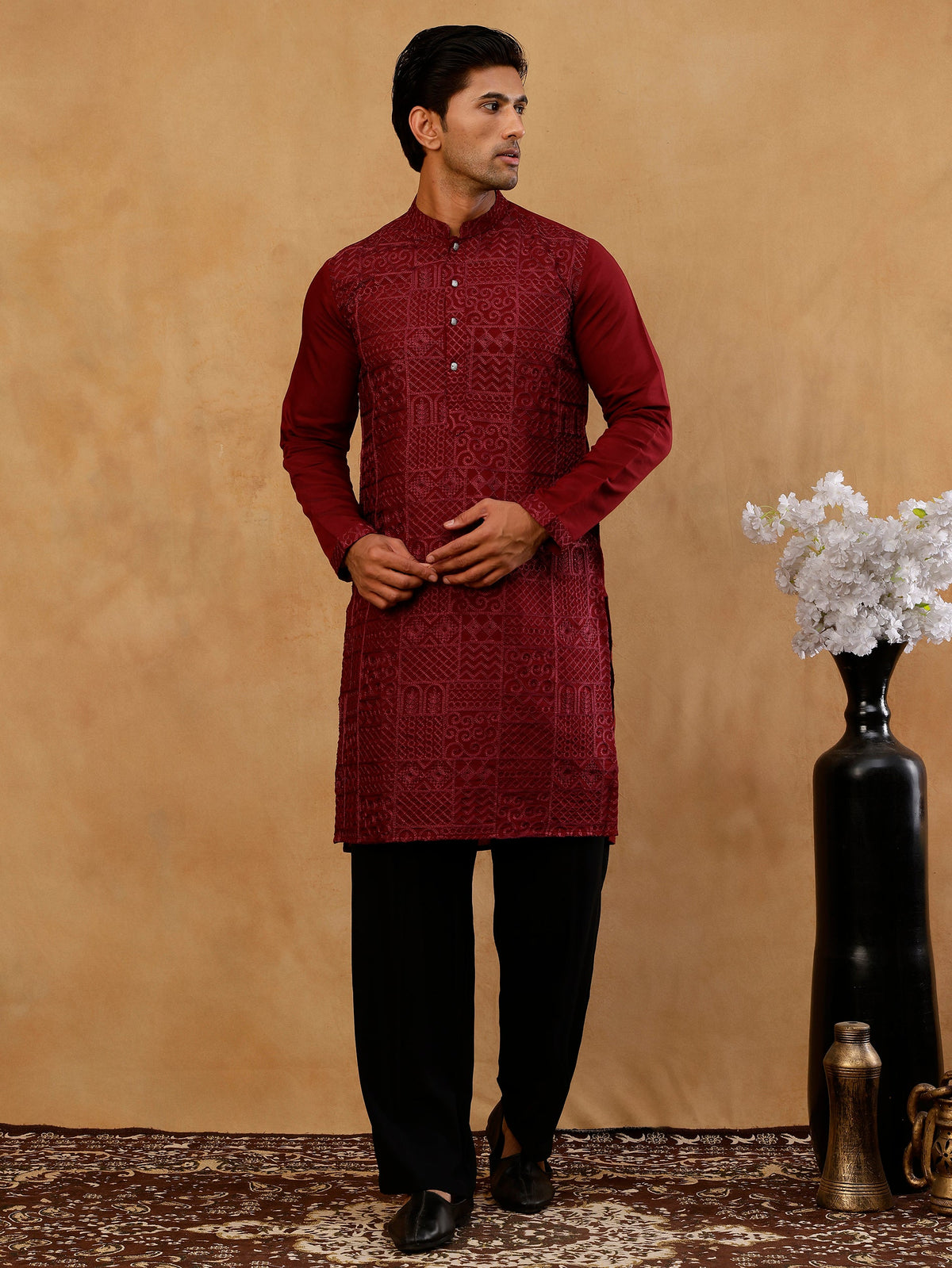 Men’s Silk Blend Embroidered Kurta with Korean Pants ( JOKP PJ11B S 5297 Wine )