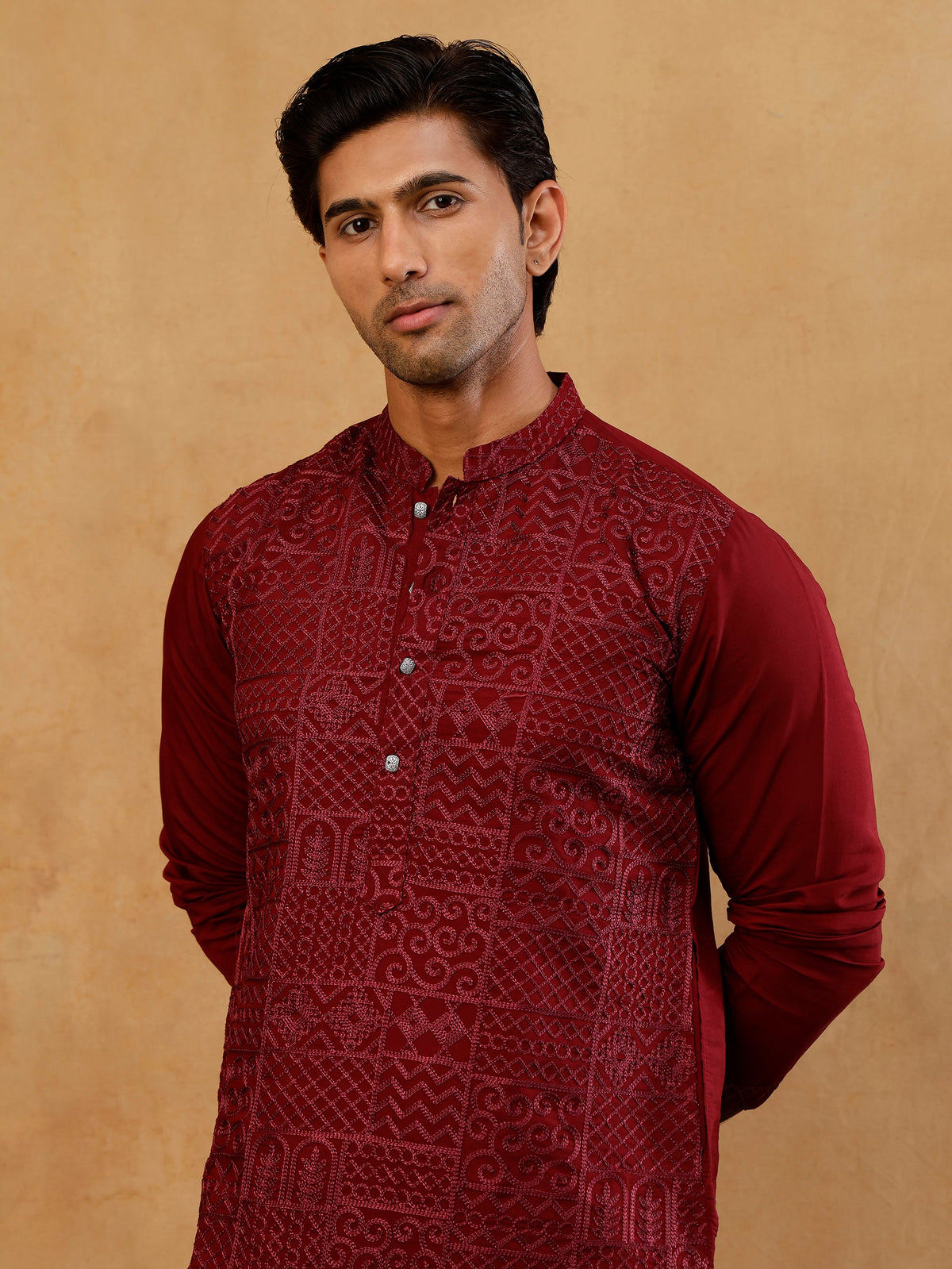 Men’s Silk Blend Embroidered Kurta with Korean Pants ( JOKP PJ11B S 5297 Wine )