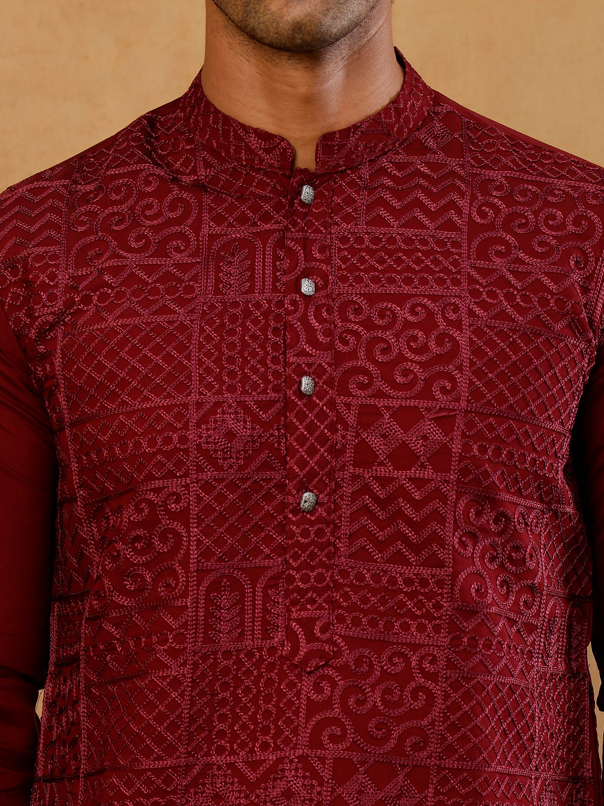 Men’s Silk Blend Embroidered Kurta with Korean Pants ( JOKP PJ11B S 5297 Wine )