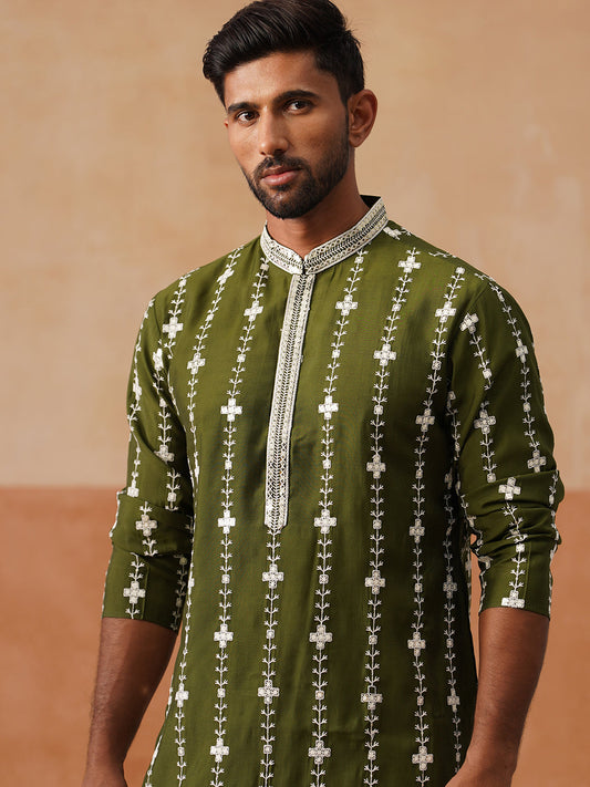 Classic Embroidered Kurta Pyjama Set ( JOKP P 5299 P 5299Olive ) [FF] [O-8]
