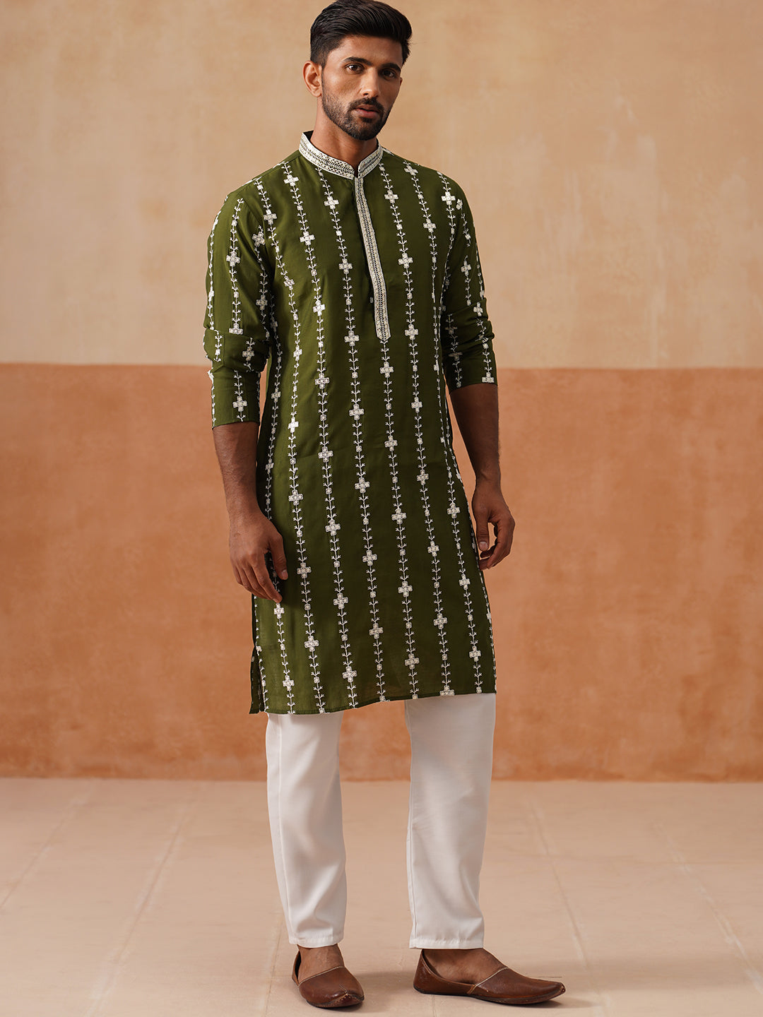 Classic Embroidered Kurta Pyjama Set ( JOKP P 5299 P 5299Olive ) [FF] [O-8]