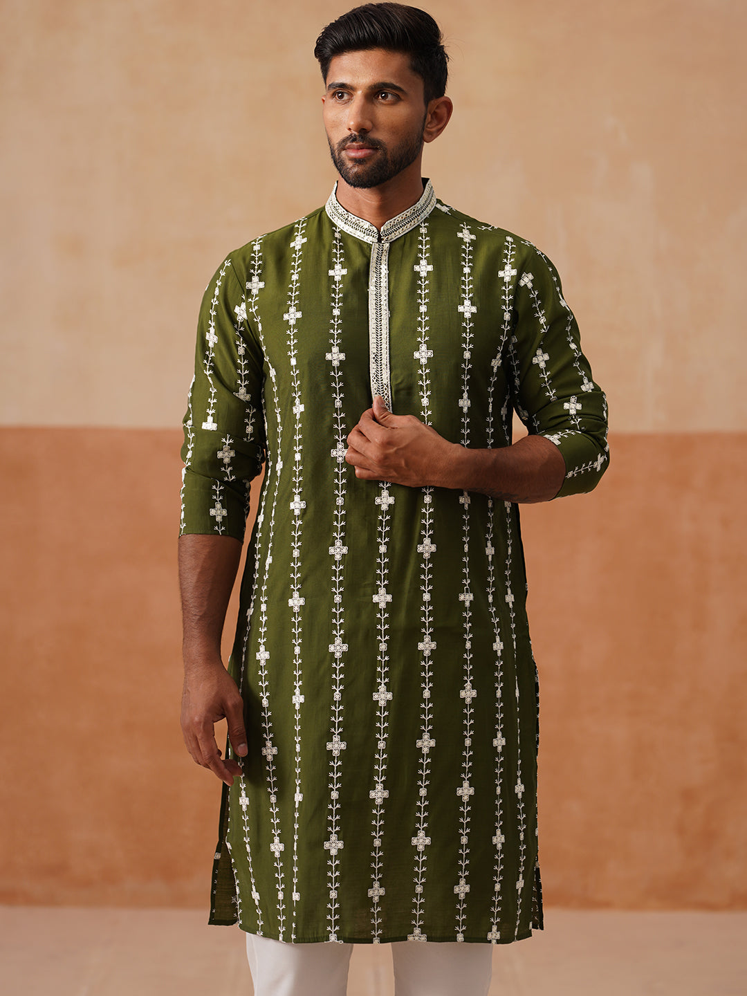 Classic Embroidered Kurta Pyjama Set ( JOKP P 5299 P 5299Olive ) [FF] [O-8]