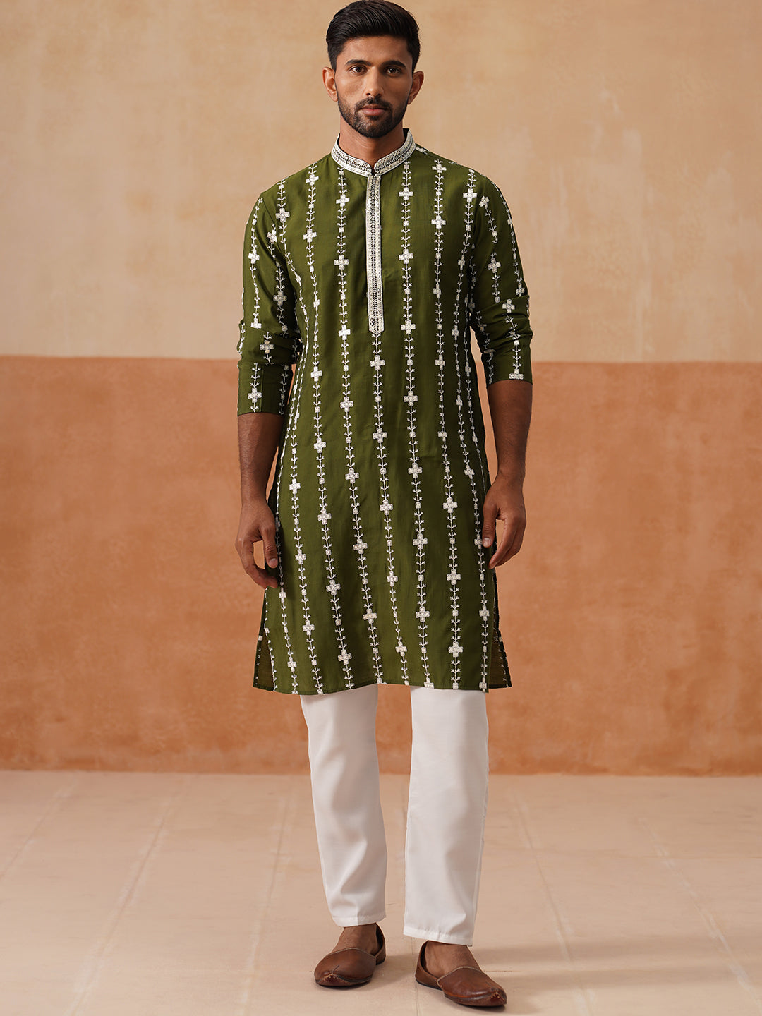 Classic Embroidered Kurta Pyjama Set ( JOKP P 5299 P 5299Olive ) [FF] [O-8]