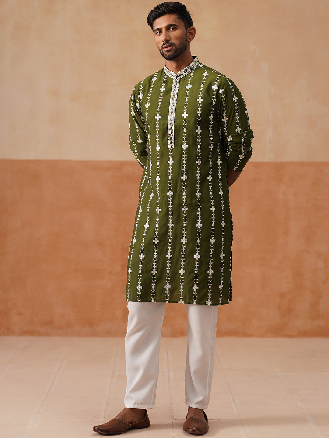 Classic Embroidered Kurta Pyjama Set ( JOKP P 5299 P 5299Olive ) [FF] [O-8]