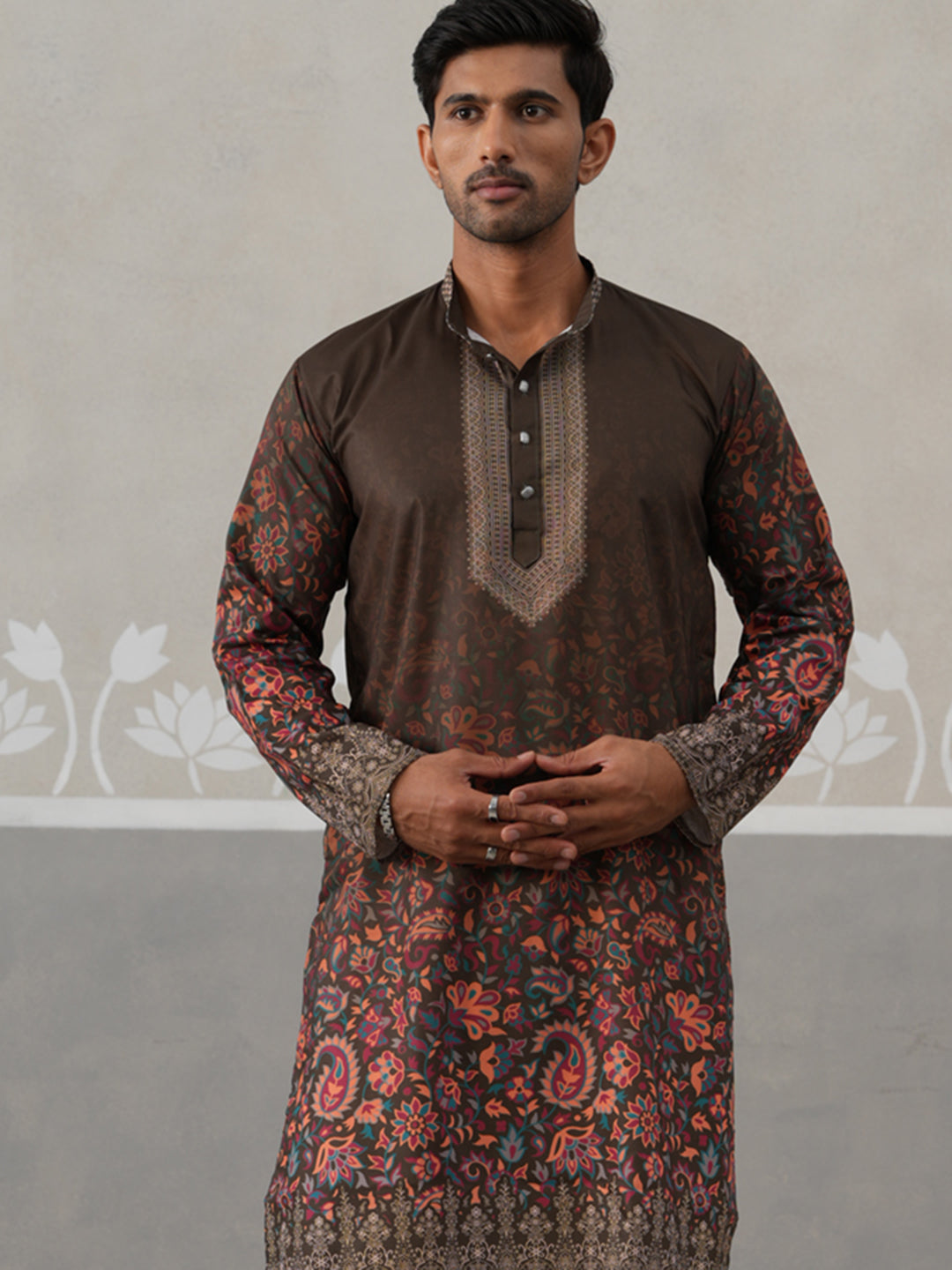 Olive Floral Printed Kurta Pyjama for Men ( JOKP P 5303 P 5303Olive ) [FF] [J-2]