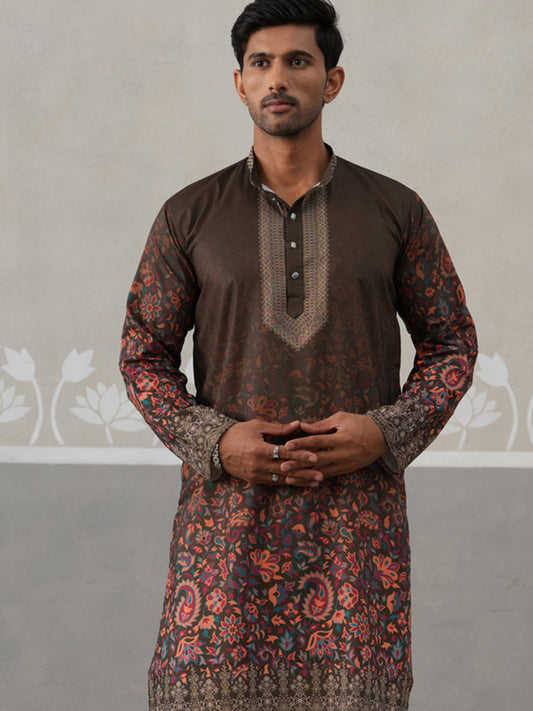 Olive Floral Printed Kurta Pyjama for Men ( JOKP P 5303 P 5303Olive ) [FF] [J-2]