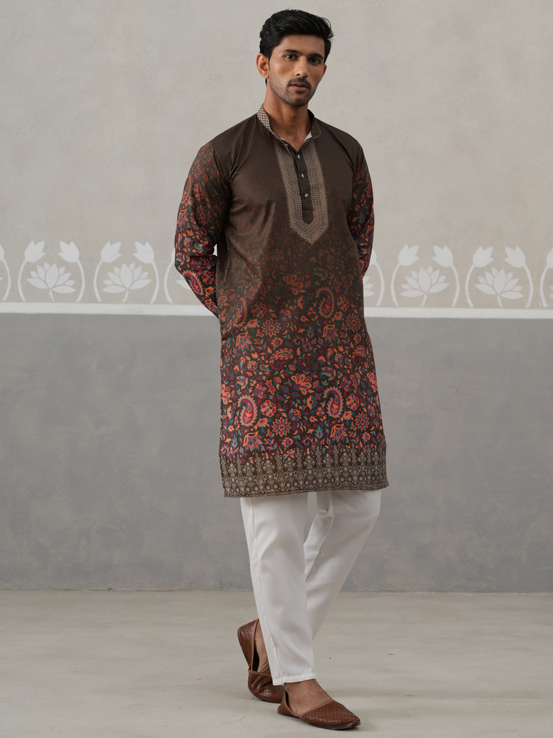 Olive Floral Printed Kurta Pyjama for Men ( JOKP P 5303 P 5303Olive ) [FF] [J-2]