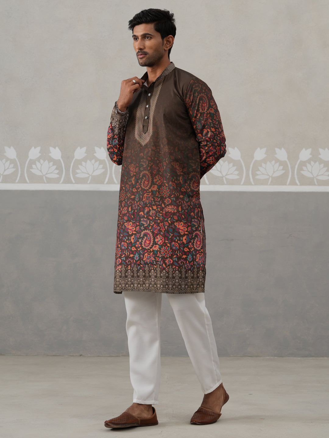 Olive Floral Printed Kurta Pyjama for Men ( JOKP P 5303 P 5303Olive ) [FF] [J-2]