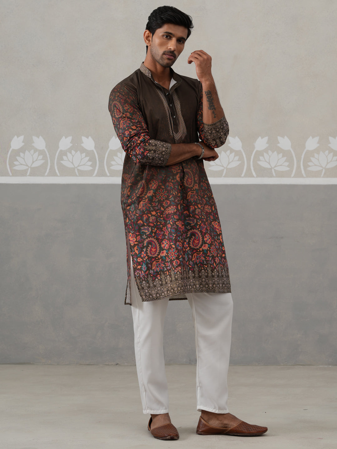 Olive Floral Printed Kurta Pyjama for Men ( JOKP P 5303 P 5303Olive ) [FF] [J-2]